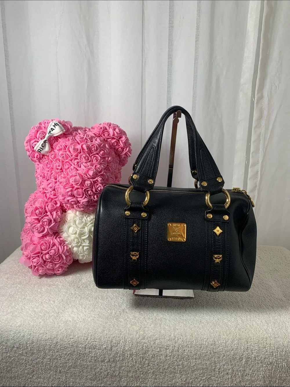 GUC MCM Vintage Black Studded Black Leather Boston Satchel
